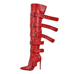 Load image into Gallery viewer, Multi Buckle Strap Thigh High Pointed Toe Stiletto Boots
