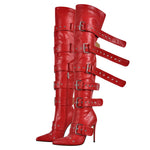 Load image into Gallery viewer, Multi Buckle Strap Thigh High Pointed Toe Stiletto Boots
