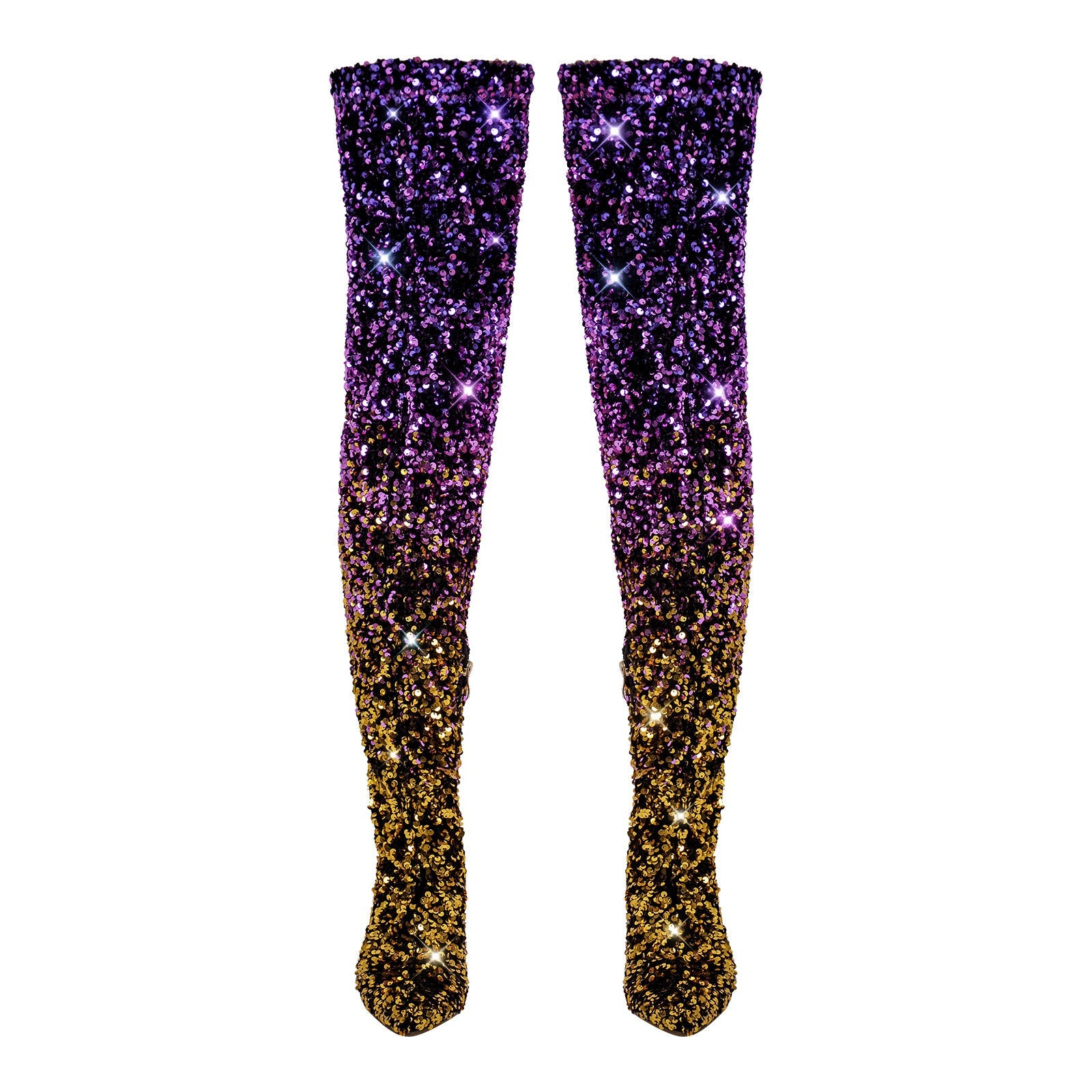 Sequins Gradient Color Pointed Toe Thigh High Stiletto Boots