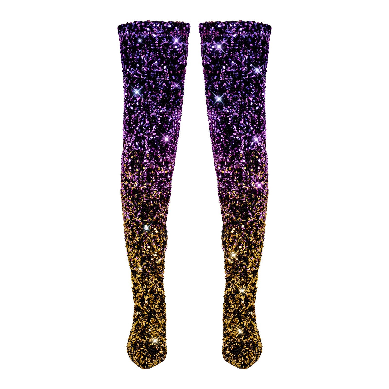 Sequins Gradient Color Pointed Toe Thigh High Stiletto Boots