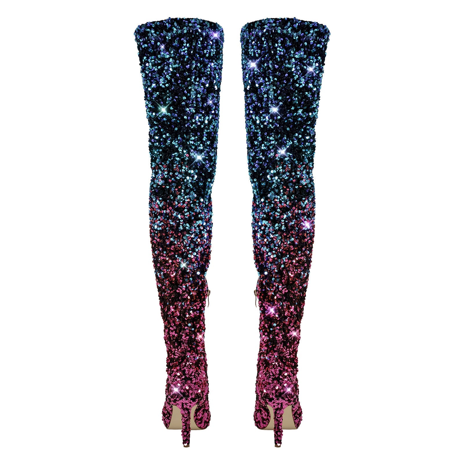 Sequins Gradient Color Pointed Toe Thigh High Stiletto Boots