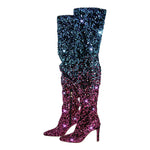 Load image into Gallery viewer, Sequins Gradient Color Pointed Toe Thigh High Stiletto Boots
