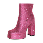 Load image into Gallery viewer, Rhinestone Platform Square Toe Chunky High Heels Ankle Boots
