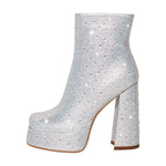 Load image into Gallery viewer, Rhinestone Platform Square Toe Chunky High Heels Ankle Boots
