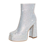 Load image into Gallery viewer, Rhinestone Platform Square Toe Chunky High Heels Ankle Boots
