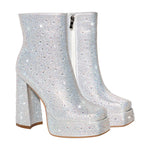 Load image into Gallery viewer, Rhinestone Platform Square Toe Chunky High Heels Ankle Boots
