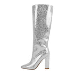 Load image into Gallery viewer, Metallic Snake Print Chunky Heel Knee High Boots
