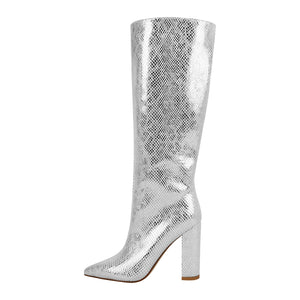 Metallic Snake Print Chunky Heel Knee High Boots