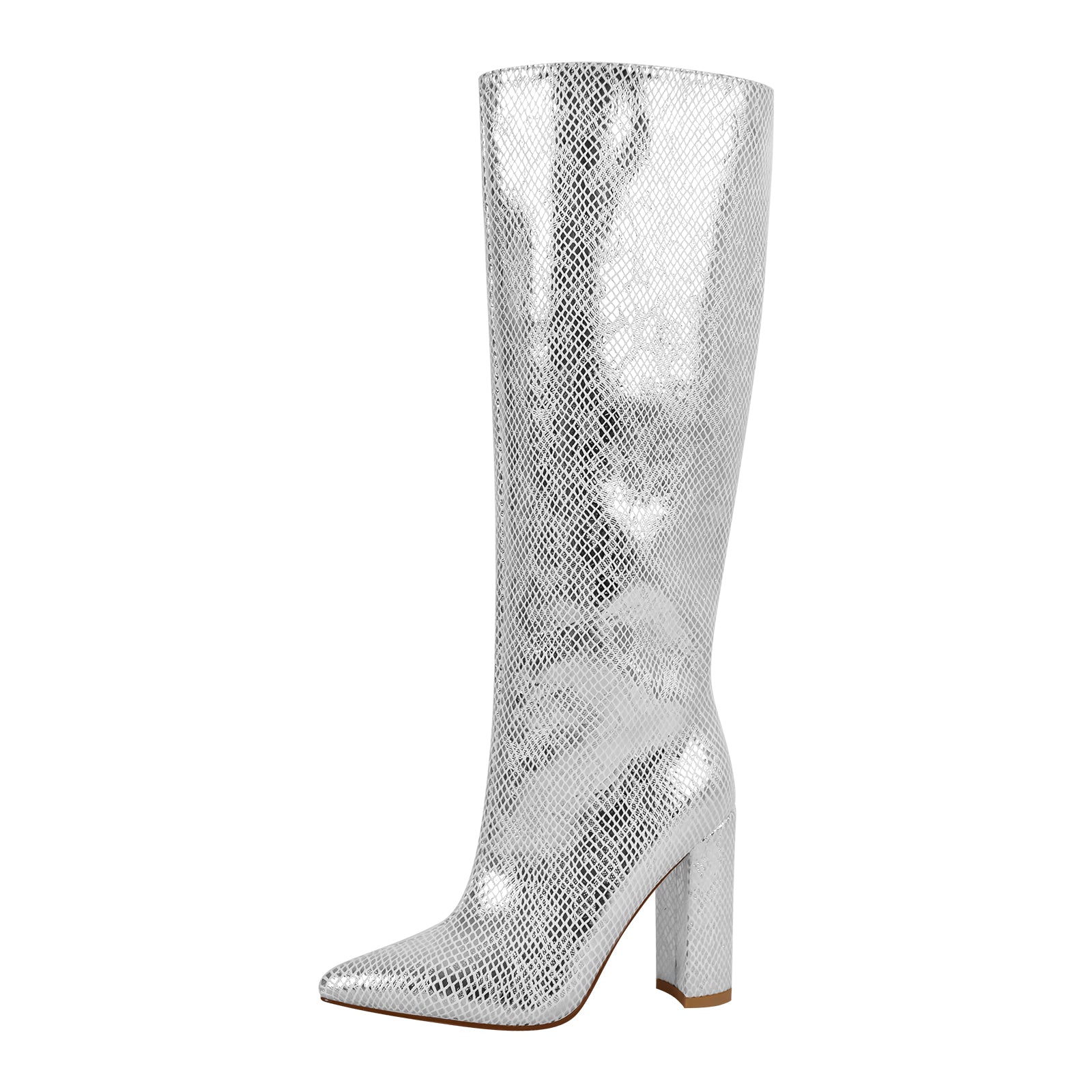 Metallic Snake Print Chunky Heel Knee High Boots