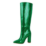 Load image into Gallery viewer, Metallic Snake Print Chunky Heel Knee High Boots
