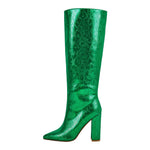 Load image into Gallery viewer, Metallic Snake Print Chunky Heel Knee High Boots
