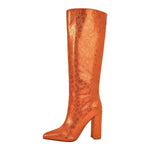 Load image into Gallery viewer, Metallic Snake Print Chunky Heel Knee High Boots
