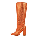 Load image into Gallery viewer, Metallic Snake Print Chunky Heel Knee High Boots
