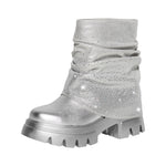 Load image into Gallery viewer, Round Toe Chunky Heel Rhinestone Fold Over Boots
