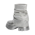 Load image into Gallery viewer, Round Toe Chunky Heel Rhinestone Fold Over Boots
