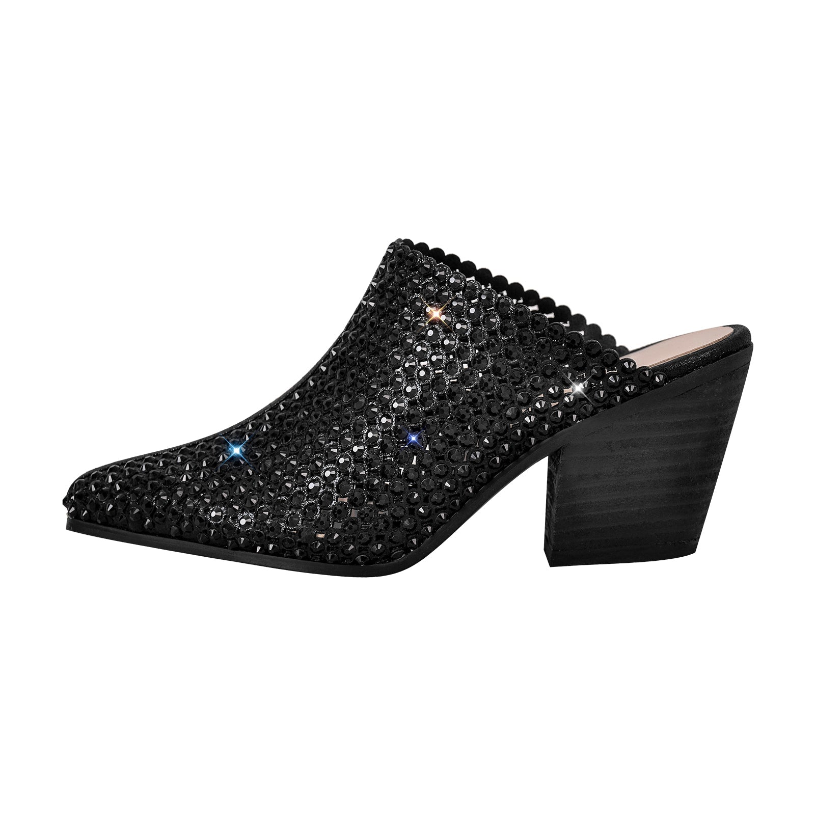 Rhinestone Wooden Chunky Heel Mules