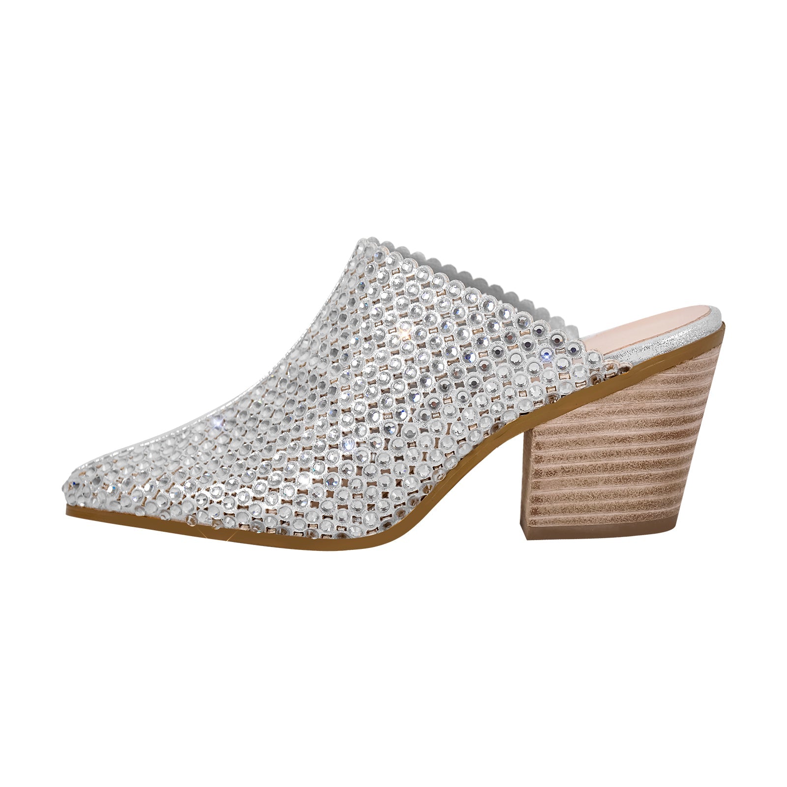 Rhinestone Wooden Chunky Heel Mules