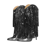 Load image into Gallery viewer, Pointed Toe Stilettos Sequin Fringe Boots
