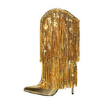 Load image into Gallery viewer, Pointed Toe Stilettos Sequin Fringe Boots
