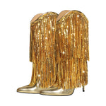 Load image into Gallery viewer, Pointed Toe Stilettos Sequin Fringe Boots
