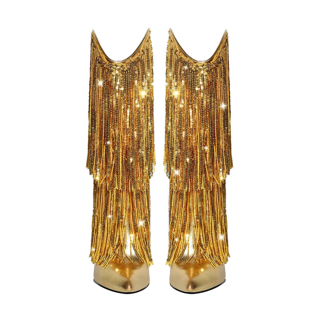 Pointed Toe Stilettos Sequin Fringe Boots