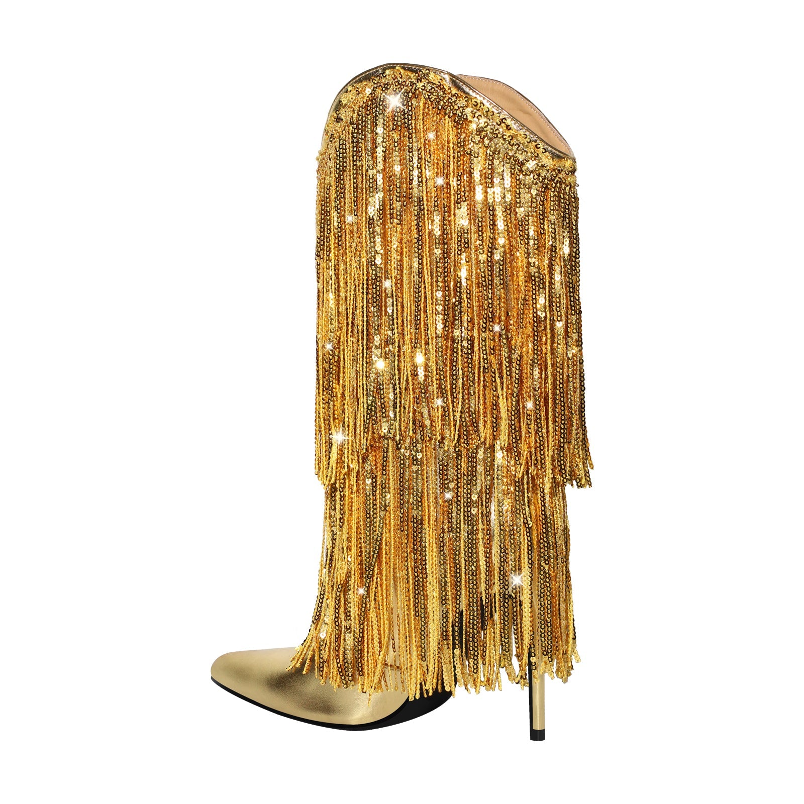 Pointed Toe Stilettos Sequin Fringe Boots