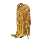 Load image into Gallery viewer, Pointed Toe Stilettos Sequin Fringe Boots
