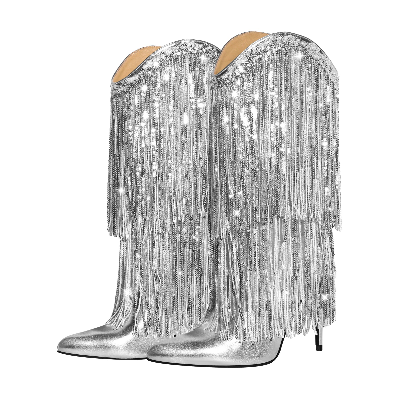 Pointed Toe Stilettos Sequin Fringe Boots