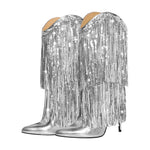 Load image into Gallery viewer, Pointed Toe Stilettos Sequin Fringe Boots
