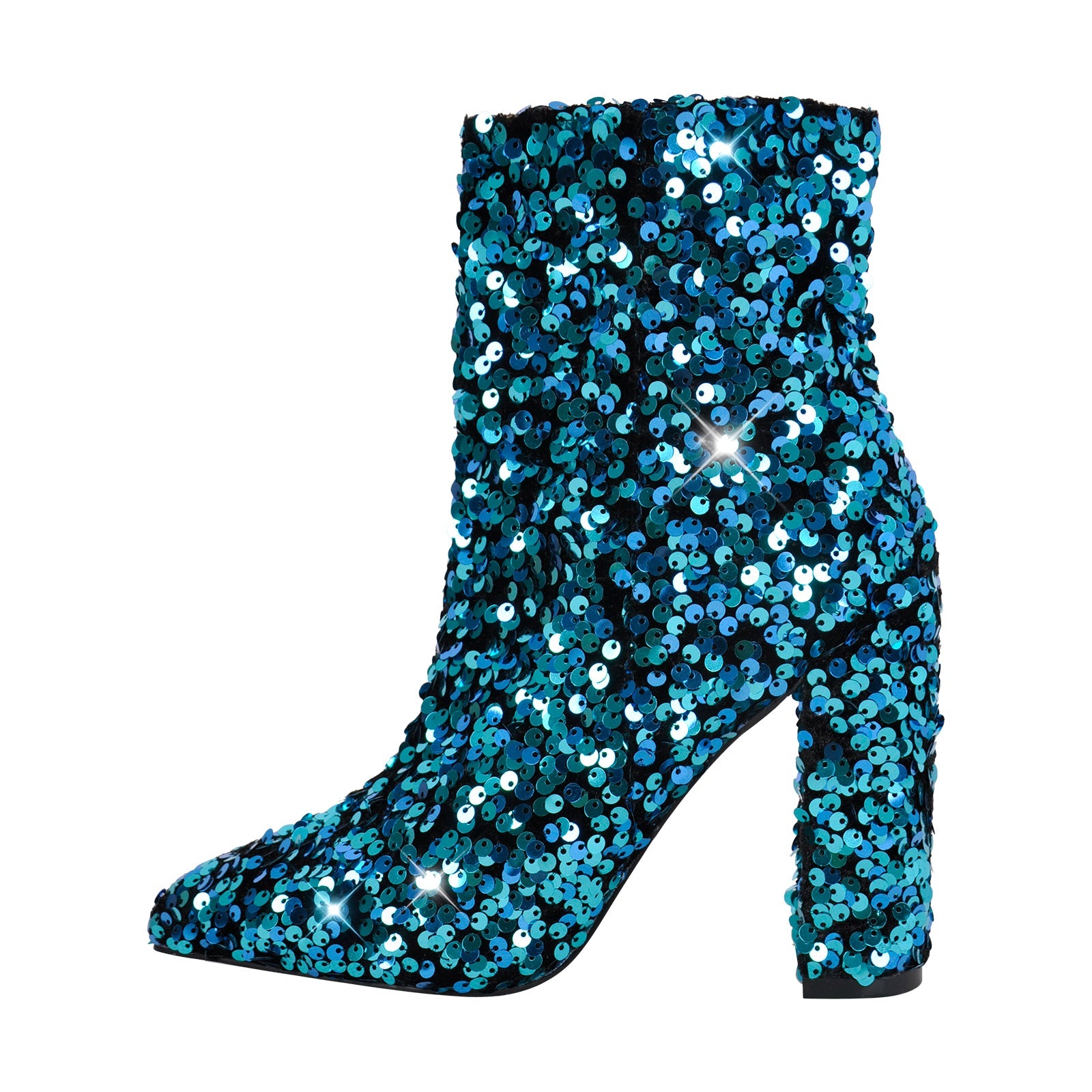 Sequin Pointed Toe Chunky Heel Ankle Boots