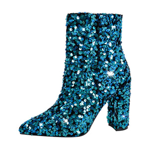 Sequin Pointed Toe Chunky Heel Ankle Boots