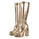 Load image into Gallery viewer, Metallic Leather Platform Chunky Heel Knee High Boots
