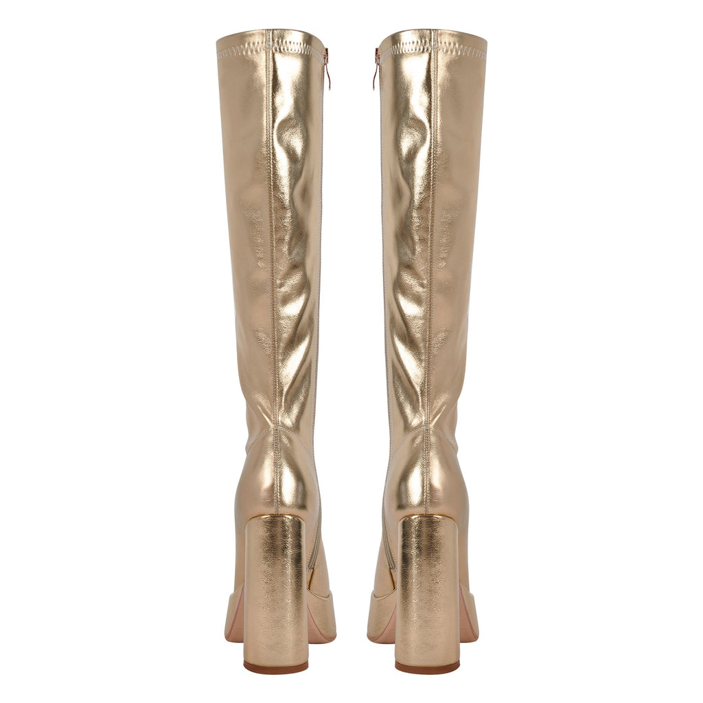 Metallic Leather Platform Chunky Heel Knee High Boots