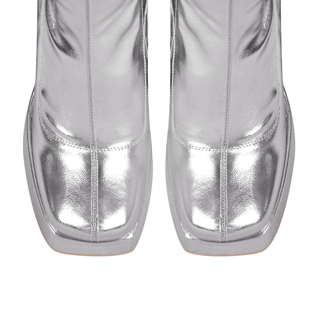 Metallic Leather Platform Chunky Heel Knee High Boots