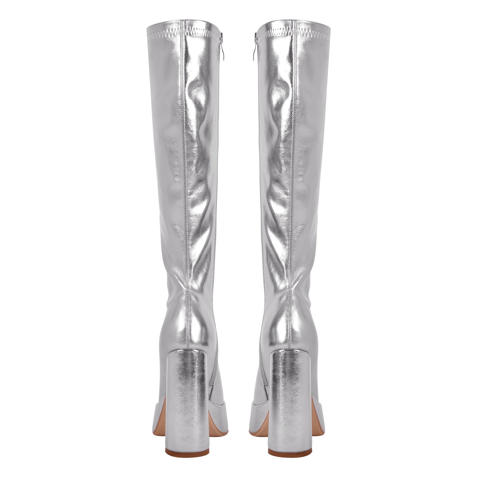 Metallic Leather Platform Chunky Heel Knee High Boots