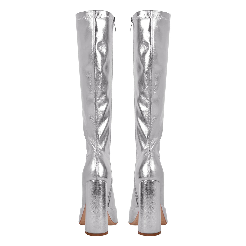 Metallic Leather Platform Chunky Heel Knee High Boots