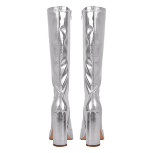 Metallic Leather Platform Chunky Heel Knee High Boots