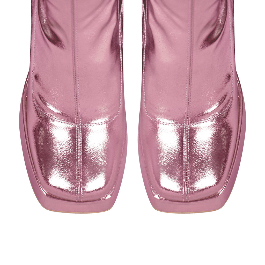 Metallic Leather Platform Chunky Heel Knee High Boots