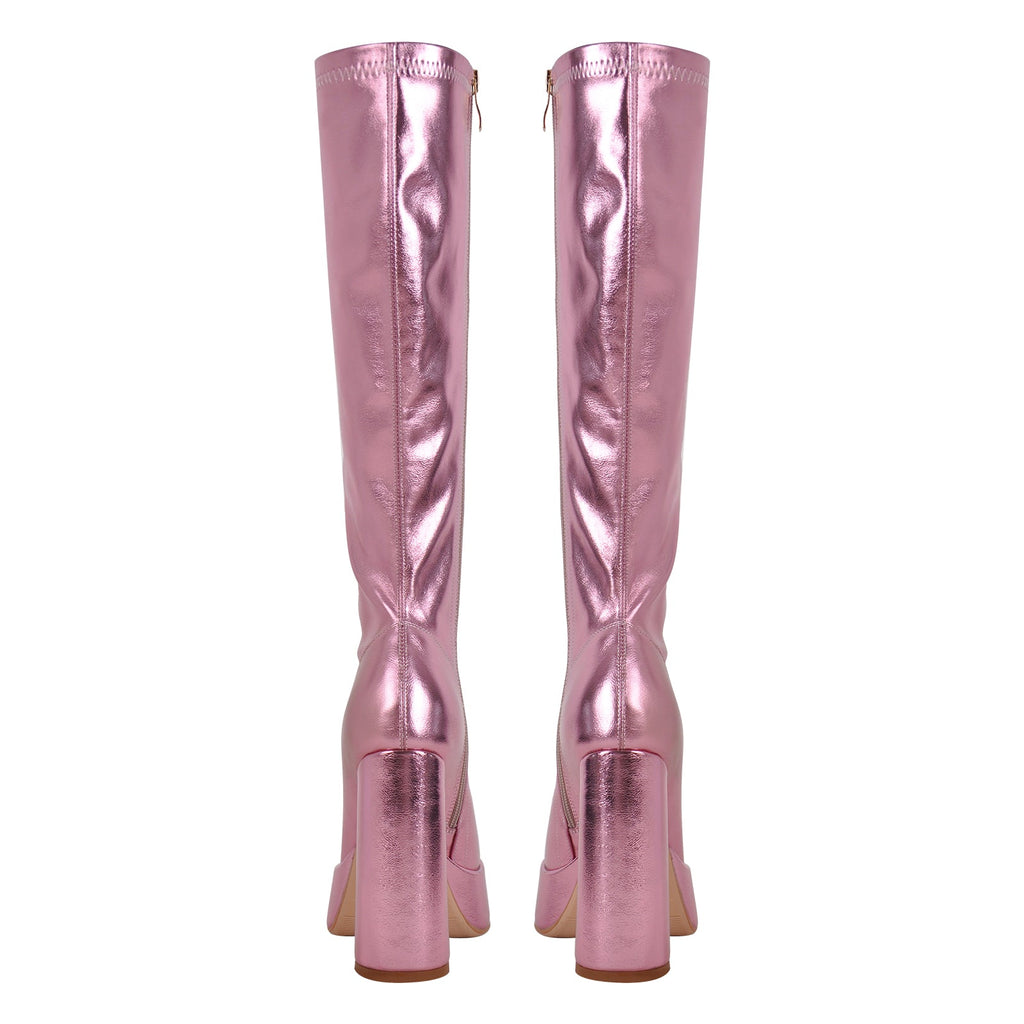 Metallic Leather Platform Chunky Heel Knee High Boots