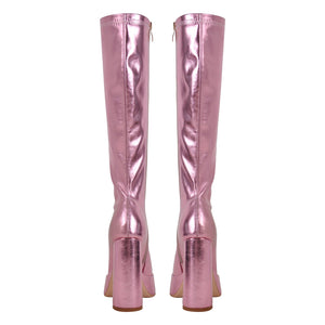 Metallic Leather Platform Chunky Heel Knee High Boots