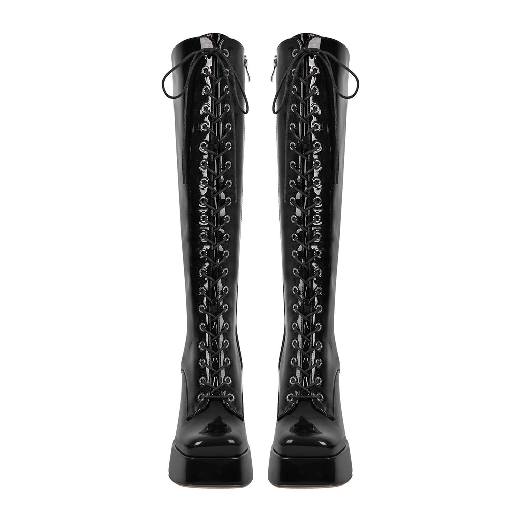 Square Toe Lace up Chunky Heels Boots