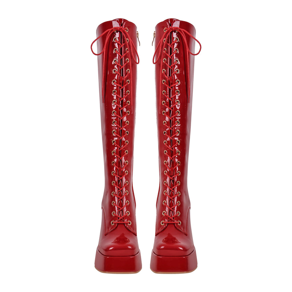 Square Toe Lace up Chunky Heels Boots