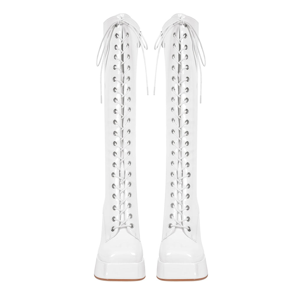 Square Toe Lace up Chunky Heels Boots