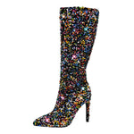 Load image into Gallery viewer, Sequins Pointed Toe Stiletto Knee Boots
