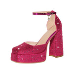 Load image into Gallery viewer, Chunky Heel Platform Rhinestone Ankle Straps Pumps
