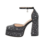 Load image into Gallery viewer, Chunky Heel Platform Rhinestone Ankle Straps Pumps
