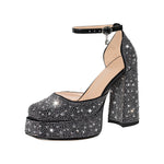 Load image into Gallery viewer, Chunky Heel Platform Rhinestone Ankle Straps Pumps
