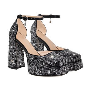 Chunky Heel Platform Rhinestone Ankle Straps Pumps