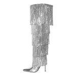 Load image into Gallery viewer, Pointed Toe Stiletto Fringe Metallic Over The Knee Boots
