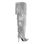 Load image into Gallery viewer, Pointed Toe Stiletto Fringe Metallic Over The Knee Boots
